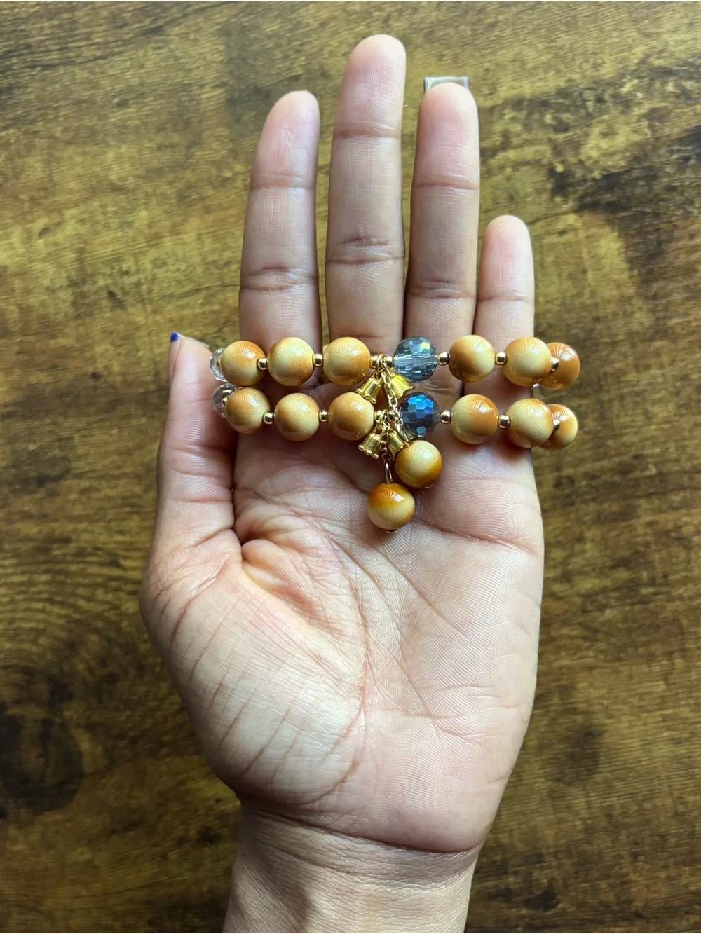 Gold-Tone Brown Beaded Stretch Bracelet with Charm